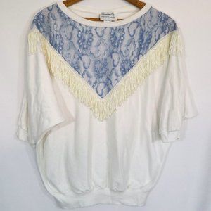 Vtg Western Fringe Lace Shirt Dolman Sleeve